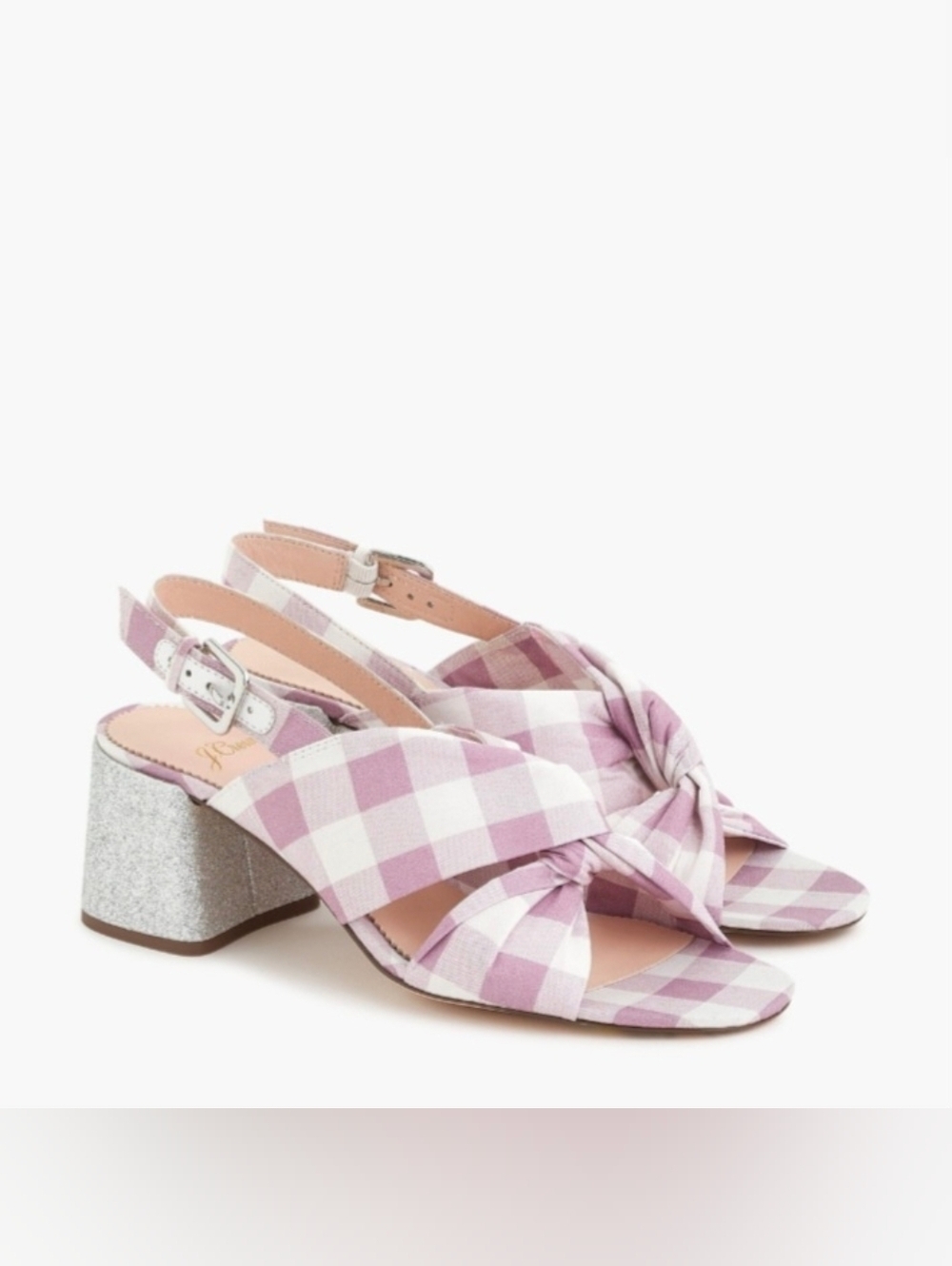 J.Crew Twisted Knot Penny Sandals 8.5 Gingham Glitter Block Heel Summer Pink